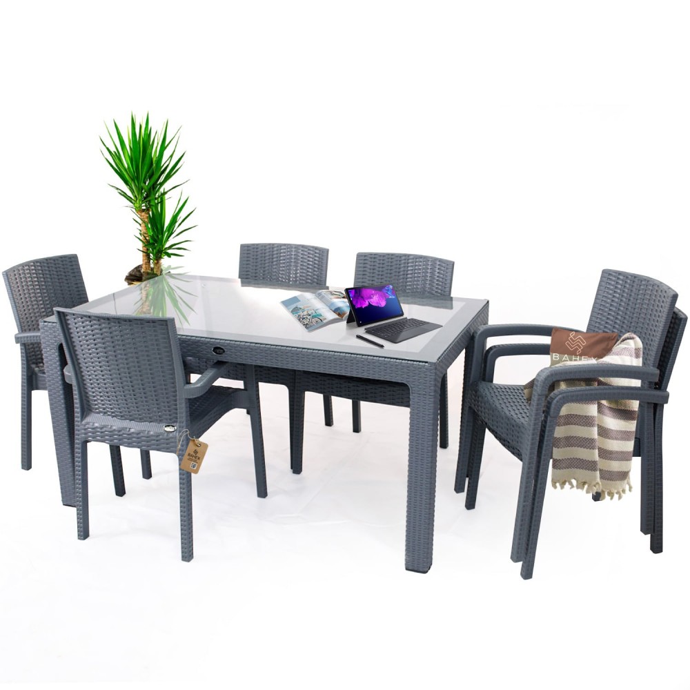 Violet 6 Kişilik Rattan Desenli Bahçe Masa Takımı Camlı