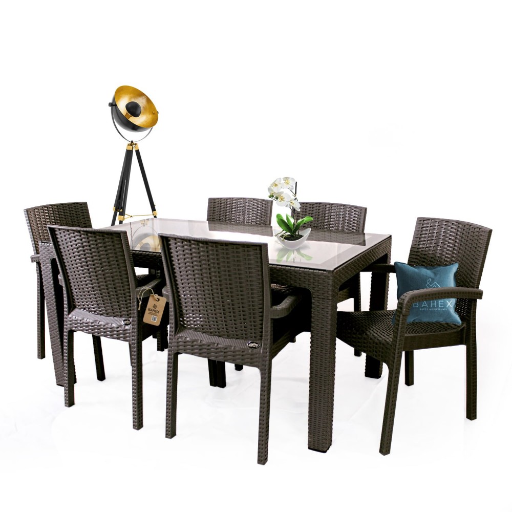 Violet 6 Kişilik Rattan Desenli Bahçe Masa Takımı Camlı
