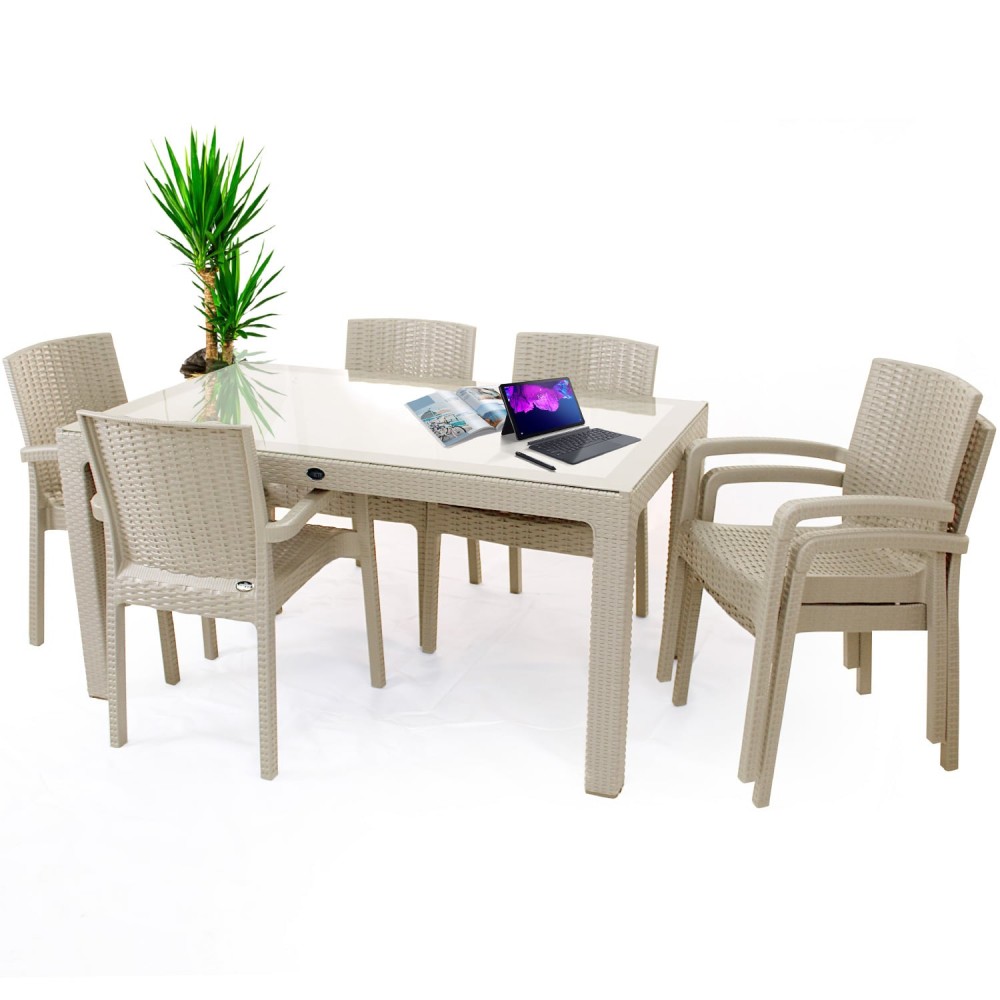 Violet 6 Kişilik Rattan Desenli Bahçe Masa Takımı Camlı